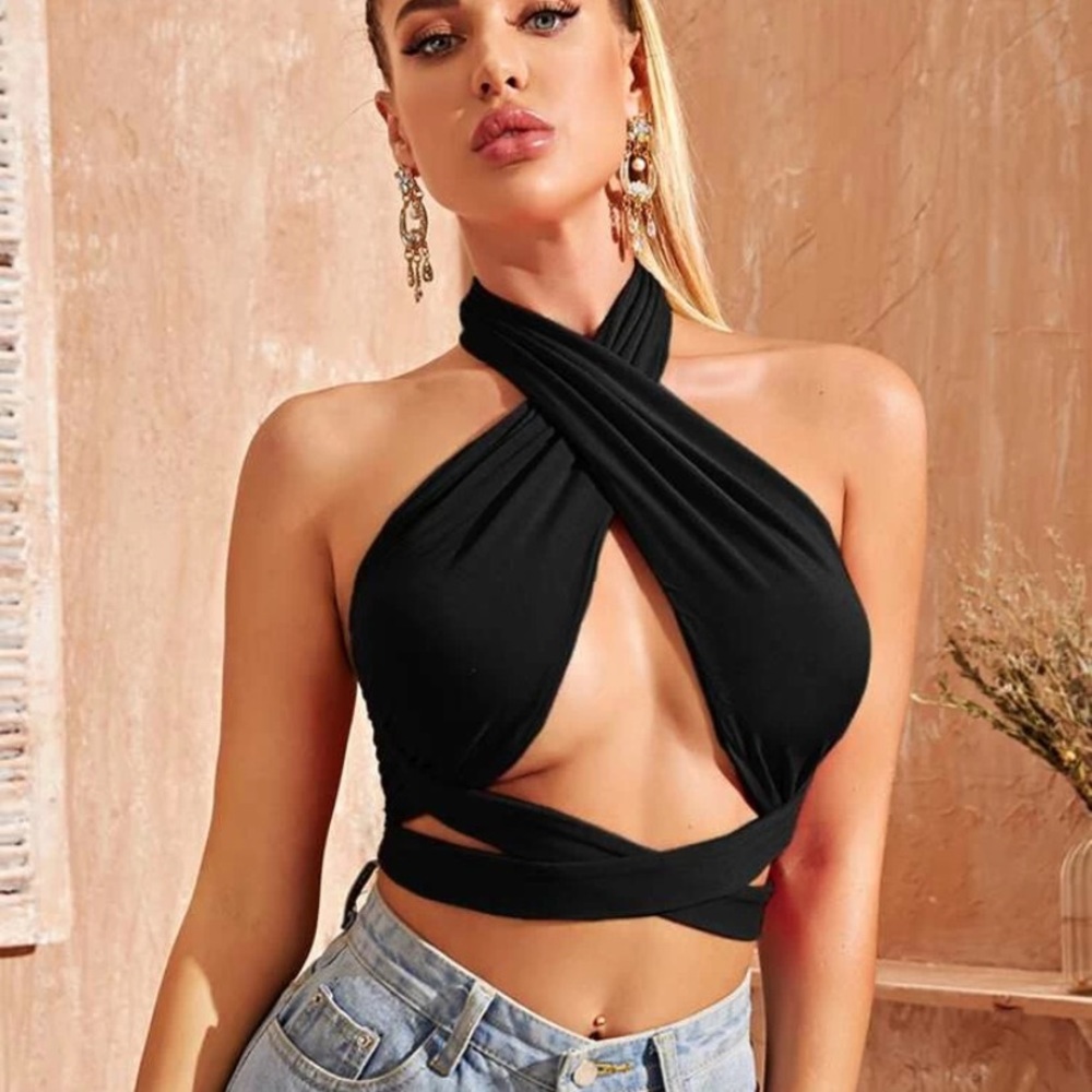 Black open front crisscross halter neck top
